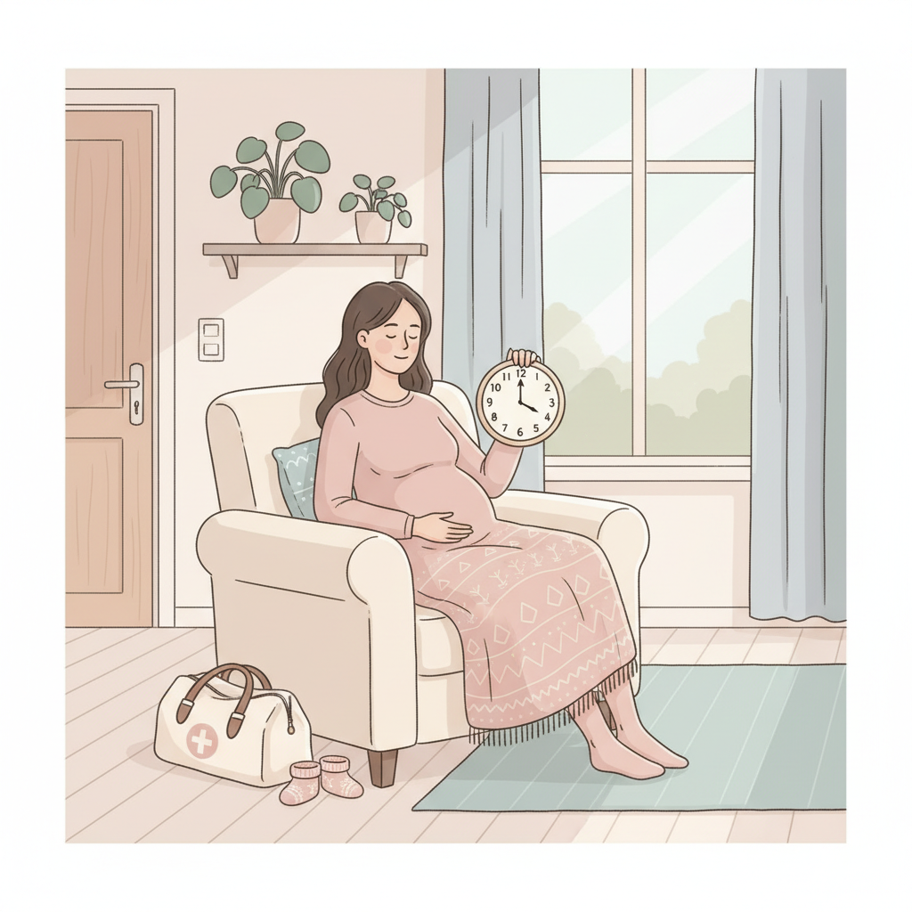 Gravid kvinne som timer rier med klokke i nordisk interiør