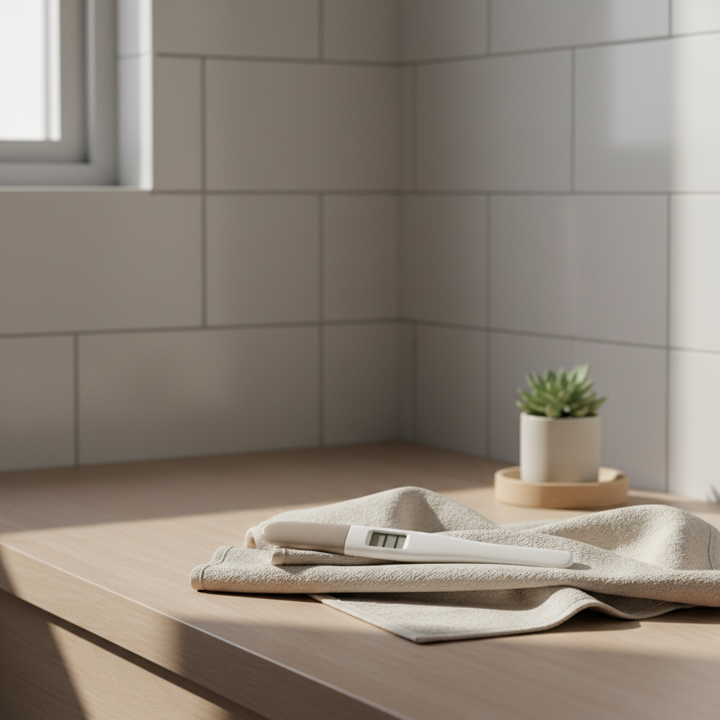 Graviditetstest på lyst badeteppe i skandinavisk bad