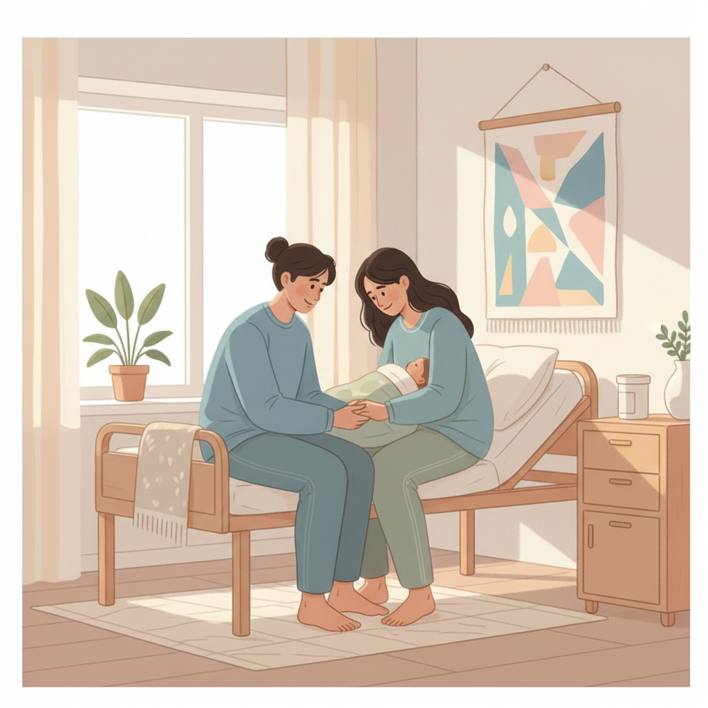 Partner holder hånden til fødende kvinne på sykehusrom med naturlig lys