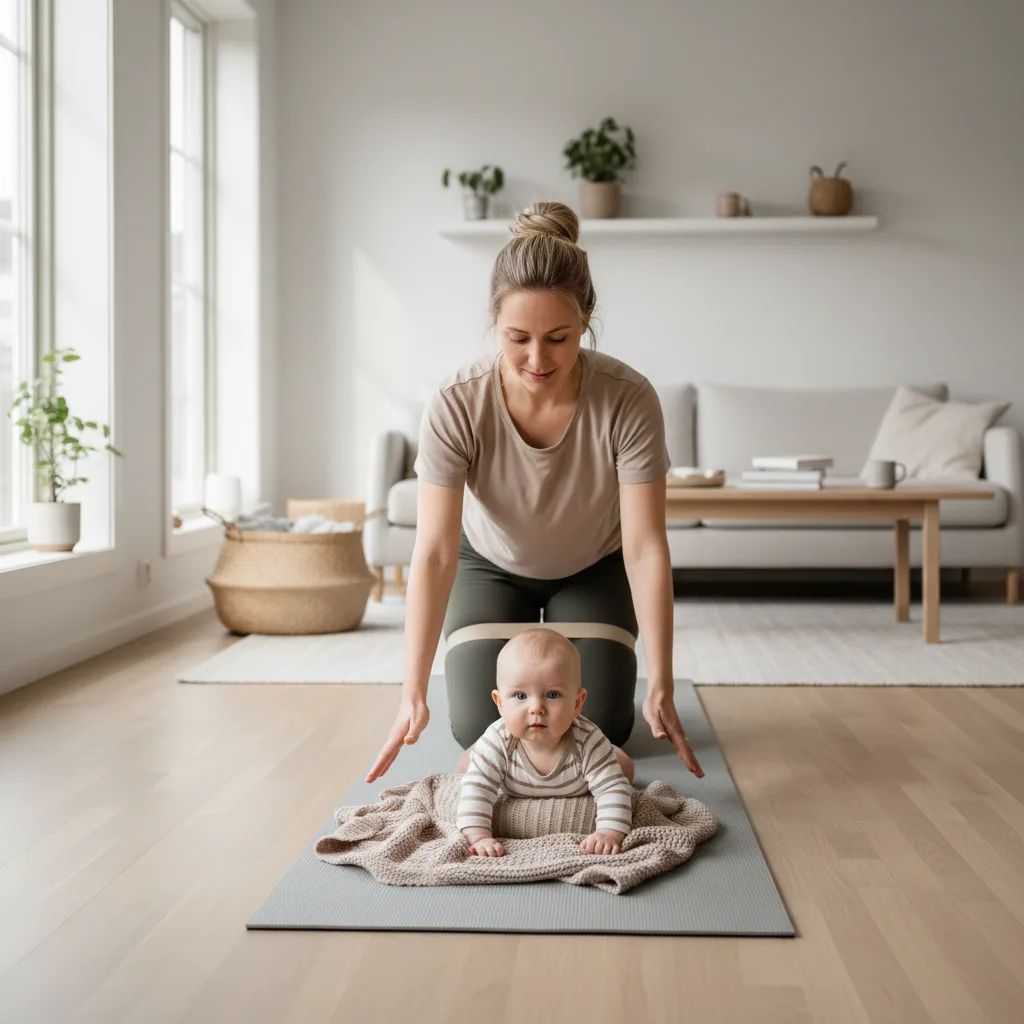 Forelder og barn i et rolig hjemmemiljø - illustrasjon for Trening etter fødsel - uke-for-uke guide